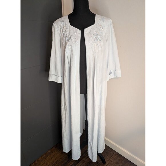 Miss Elaine Light Blue Textured Cotton Blend Embroidered Zip-Front House Coat L - Picture 4 of 8